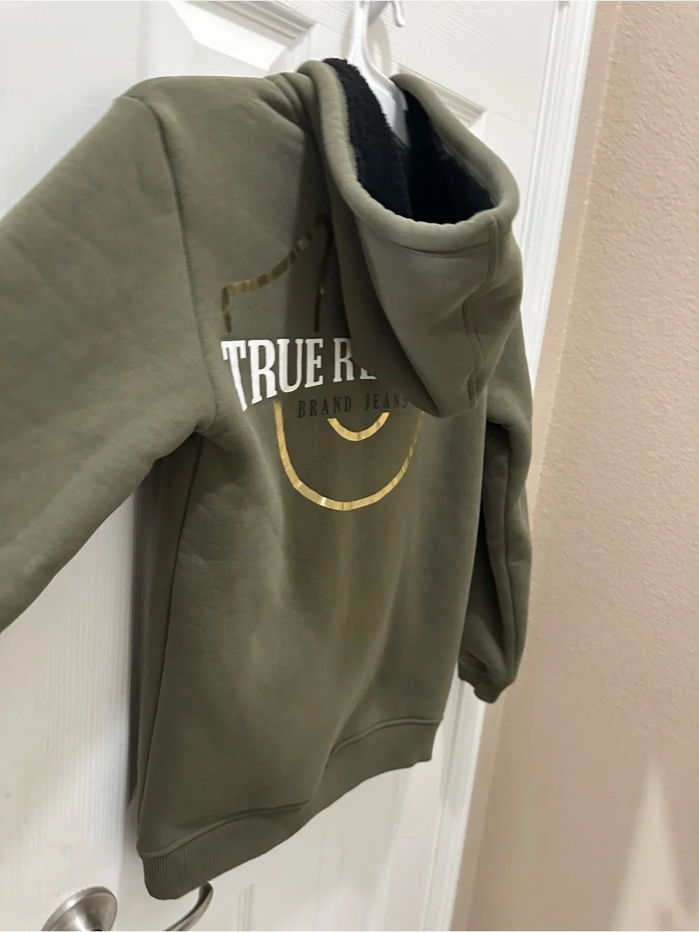 True Religion Olive Green Graphic Fleece-Lined zip up jacket youth M 10/12